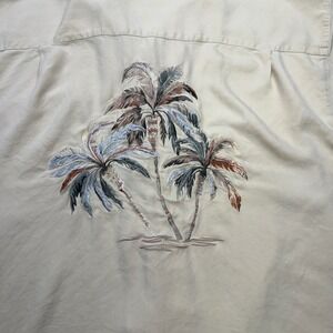 Luau Mens XL Silk Hawaiian Shirt Cream Palm Tree Embroidered Short Sleeve Button
